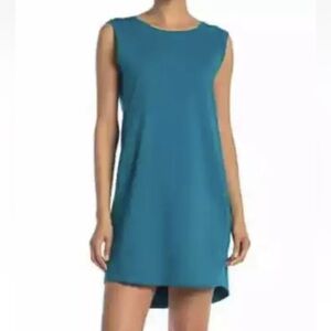 Eileen Fisher Cotton Stretch Jersey Scoop Neck Dress In Jasper Blue Size XS